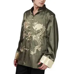 THY COLLECTIBLES Men's Traditional Chinese Embroidered Silk Kung-Fu Tang Jacket - Long Sleeves, Collared, Double Dragon Embroidery, Martial Arts Uniform (Green, Asian XXL=US XL) Classic Special Occasion Menswear