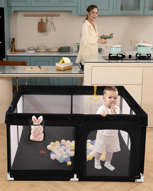Dearlomum 50"x50"/71"x59" Extra Large Baby Playpen for Babies & Toddlers Safe Activity Center with Soft Play Fence Indoor Safety Yard Easy to Assemble Clean Nonremovable Waterproof Thick Mat  Black/Gray