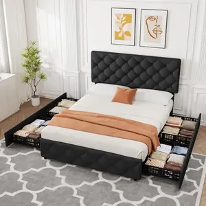 Gaomon Queen Size Breathable Linen Upholstered Panel Bed Frame - 4 Storage Drawers, Adjustable Headboard, Diamond Stitched Button Tufted Headboard & Footboard, Wooden Slats Support, Contemporary Look, Quick Install, No Box Spring Needed, Black