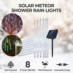 Solar Meteor Shower Rain Lights, 30cm 8 Tubes 288 LED Waterproof Cascading Icicle String Lights