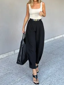 Women Solid Black High Waist Wide Leg Pants Pleated Loose Trousers Elegant Minimalist Office Pants Flowy Straight Leg Tailored Slacks Casual Workwear Business Chic Commuter Streetwear Versatile Long Pants Womenswear for Spring Summer Fall