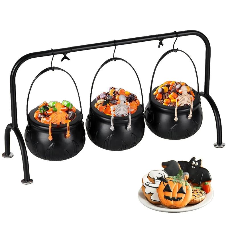 Set of 3 Skeleton Cauldron Candy Bowls with Rack Halloween Tabletop Decoration for Festive Decor Unisex Halloween Accessory