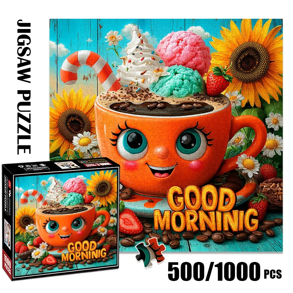 1pc 1000 piece Creative Puzzle adult puzzle 58x58cm Cute Smiling Coffee Cup with Ice - cream, Strawberry, Whipped Cream and Sunflower 500 pieces of paper puzzle, suitable for adults and families, large-scale DIY puzzle interactive toy games