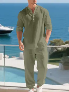 Men's Autumn Solid Color Linen Henley Shirt Pants Set, Button Half Open Elastic Waist Cuffed Design, Casual Wardrobe Essential