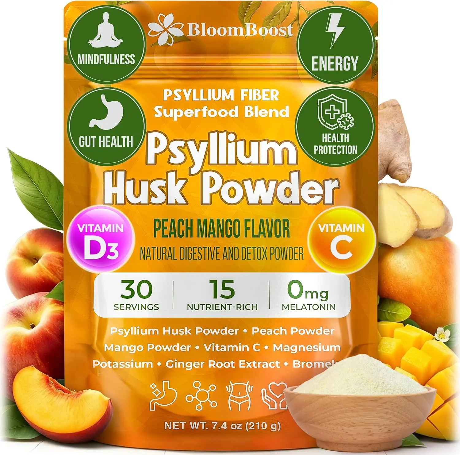 Psyllium Husk Powder | Tropical Flavored Psyllium Husk Powder for Digestive Health & Gut Support | Sugar Free Supplement for Keto & Vegan Diets | 30-Day Supply