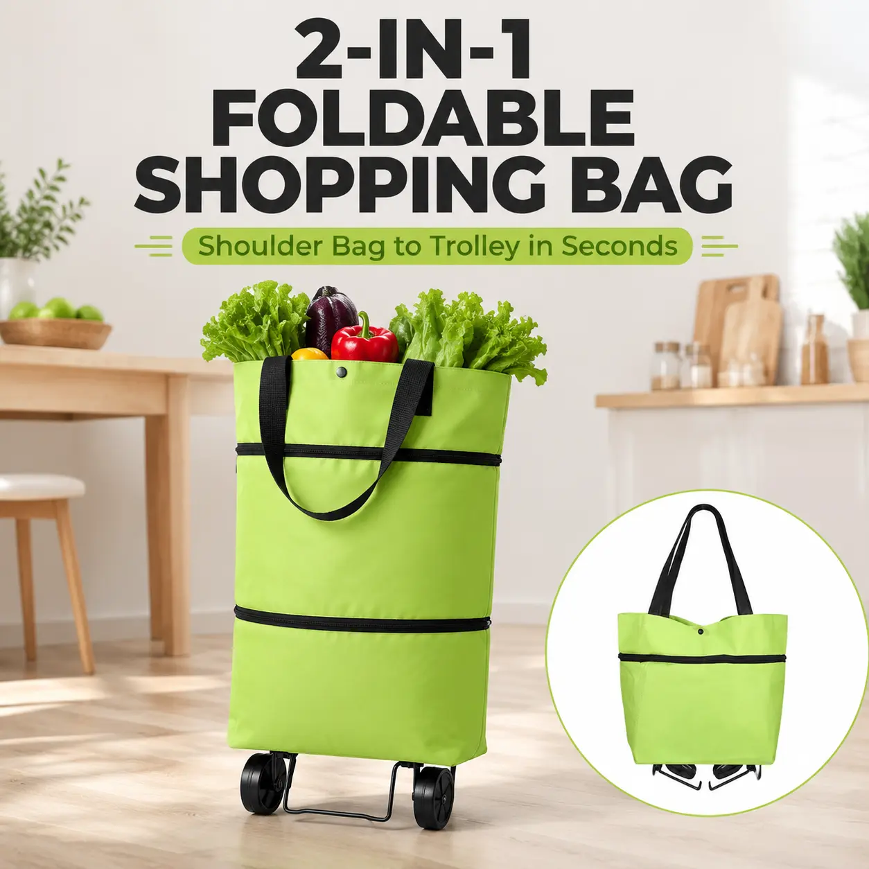 2 in 1 Lightweight Collapsible Shopping Cart,Folding Shopping Bag Cart | Wheels Reusable Shopping Bags Grocery Bags Shopping Travel Bag on Wheels for Women or Men Travel Home Kitchen