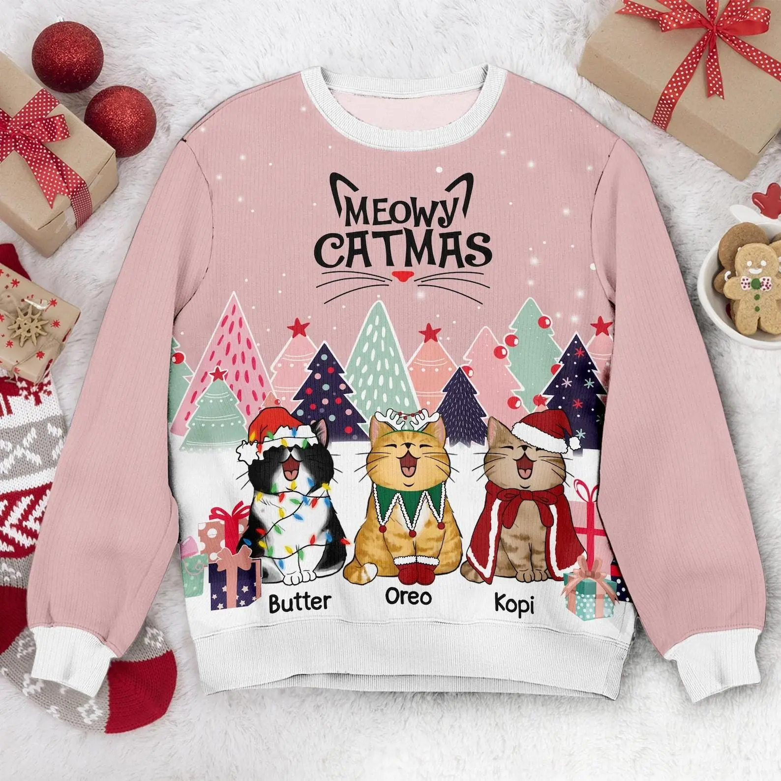 Personalized Cat Meowy Catmas Ugly Christmas Sweater  Retro Trendy Ugly Sweater
