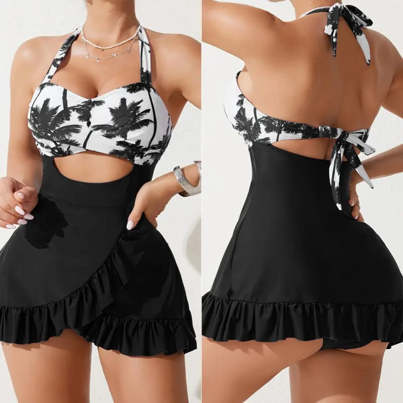 Women's Strappy Split Swimwear - Coconut Tree Print, Ditsy Floral, Backless Cutout, Belly-Covering, Tight, No Steel Towing, Polyester, European & American Slim Sexy Style, Ideal for Swimming, Water Sports, Female