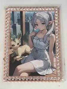Frieren and Leafeon Diamond Card 1 of 1 with Rose Gold Crystal Border - Anime Artwork Featuring Frieren and Leafeon