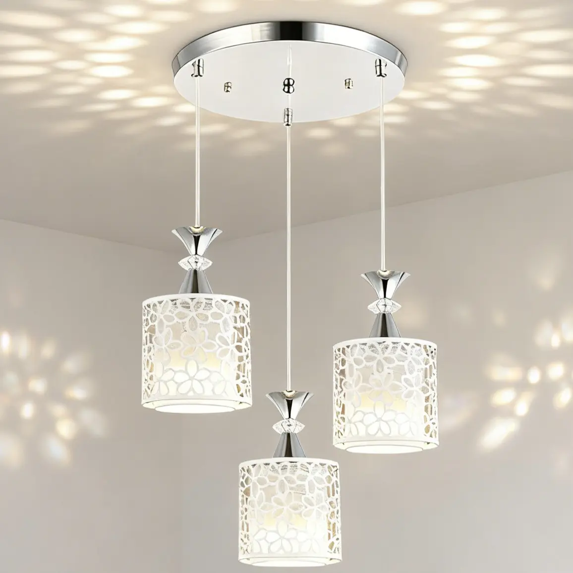 Modern Chrome White Ceiling Bulb Lamp, 110-220V, 3*E27 Bulb, Iron Electroplated Adjustable Wire, for Bedroom/Home Lighting, Ceiling Bulb Lamps