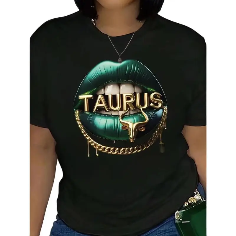 TAURUS Letter & Lips Graphic Print T-shirt, Short Sleeve Crew Neck Casual Top For Summer & Spring, Women's Clothing trendy t-shirts
