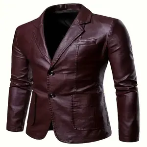 [Stylish Leather Jacket] Stylish Black PU Men's Jacket - Sleek Button-Up Blazer with Lapel Collar, Long Sleeves, and Side Pockets for Business or Formal Occasions