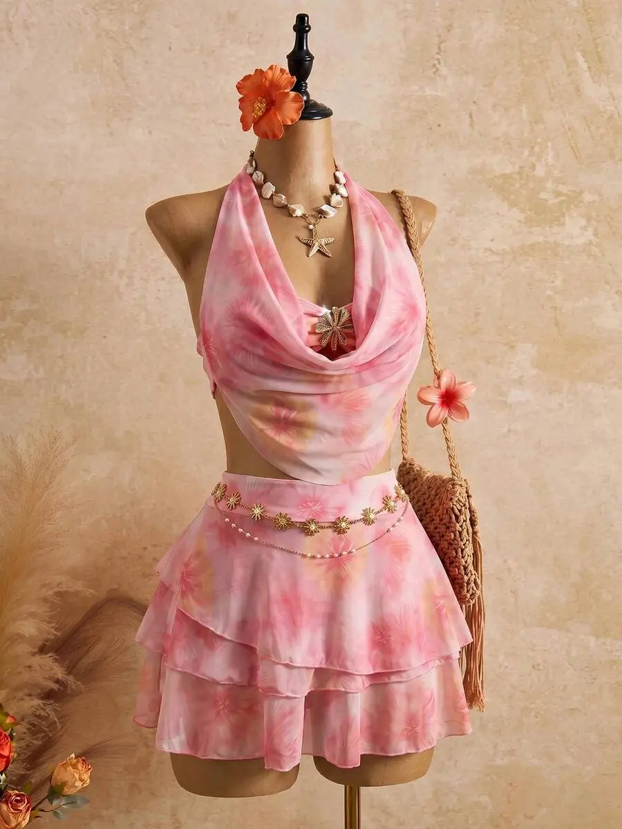 2026 Women's Spring/Summer Vacation Romantic Yellow Orange Floral Halter Tankini Set With Cake Cover-Up Skirt