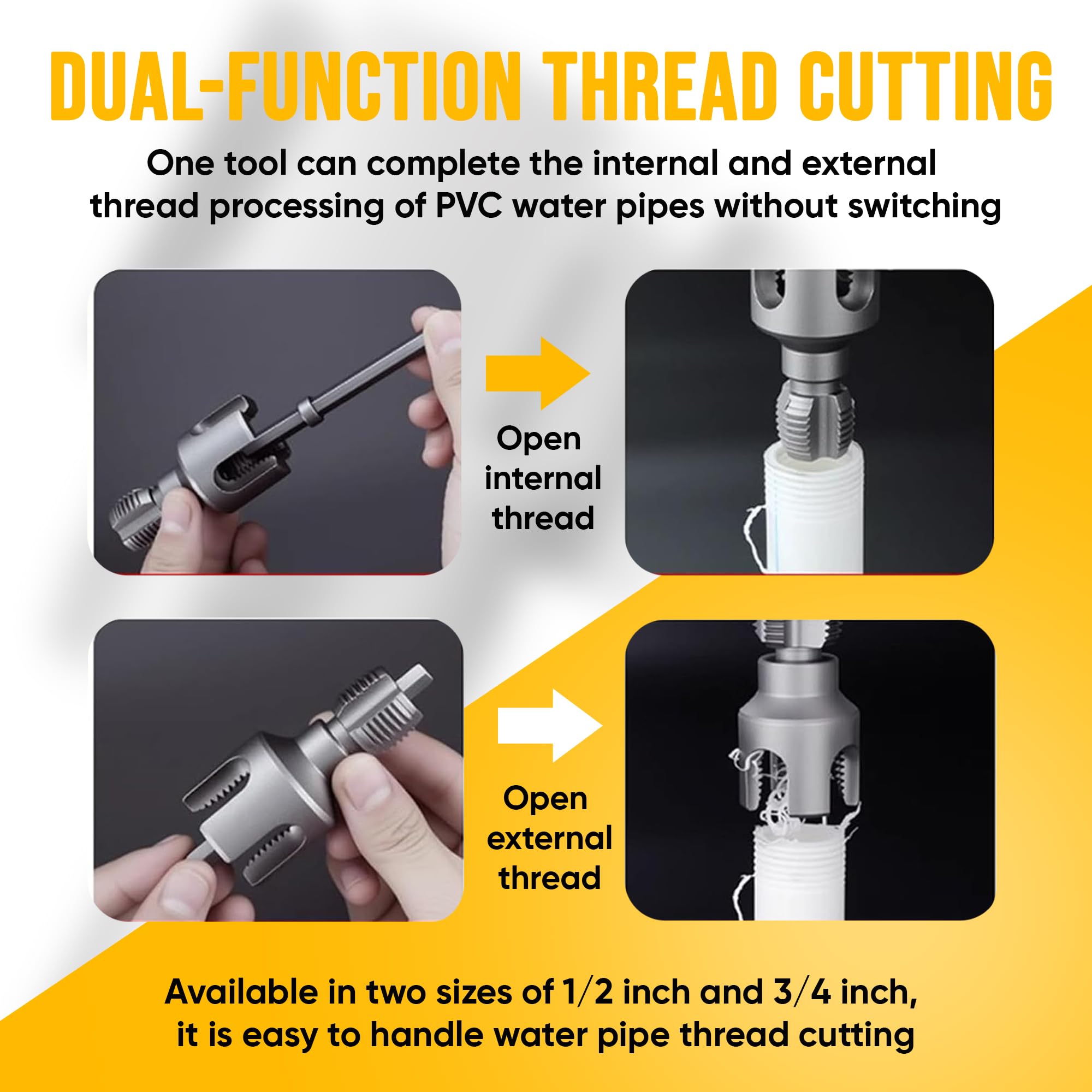 1/2" & 3/4" PVC Pipe Thread Cutting Tool – Integrated Internal & External Threading Tool, Upgraded Pipe Thread Cutter for Plumbing DIY Repairs
