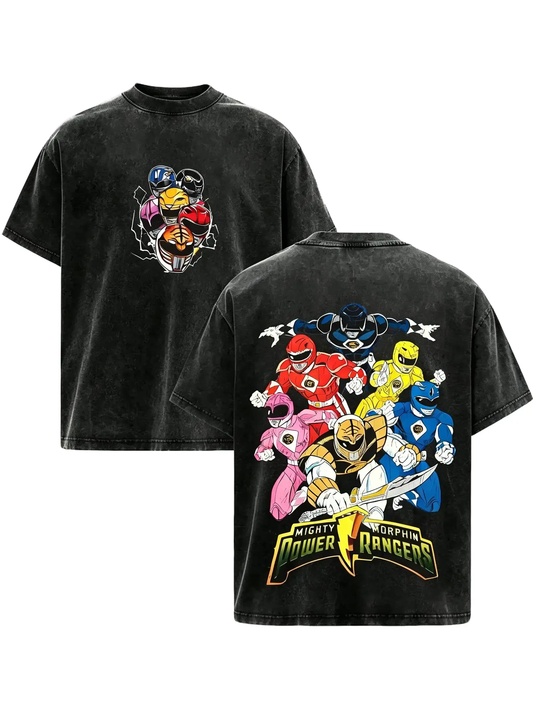 Retro Washed Black Oversized Power Rangers Graphic Tee, Vintage 90s Team Shirt For Men & Women! Y2K Streetwear Casual Outfits, Unisex Superhero Fan Gift Merch, Edgy Gym Pump Cover Apparel & Trendy Loose Fit Daily Wear Tops For Everyday Aesthetic Fashion!