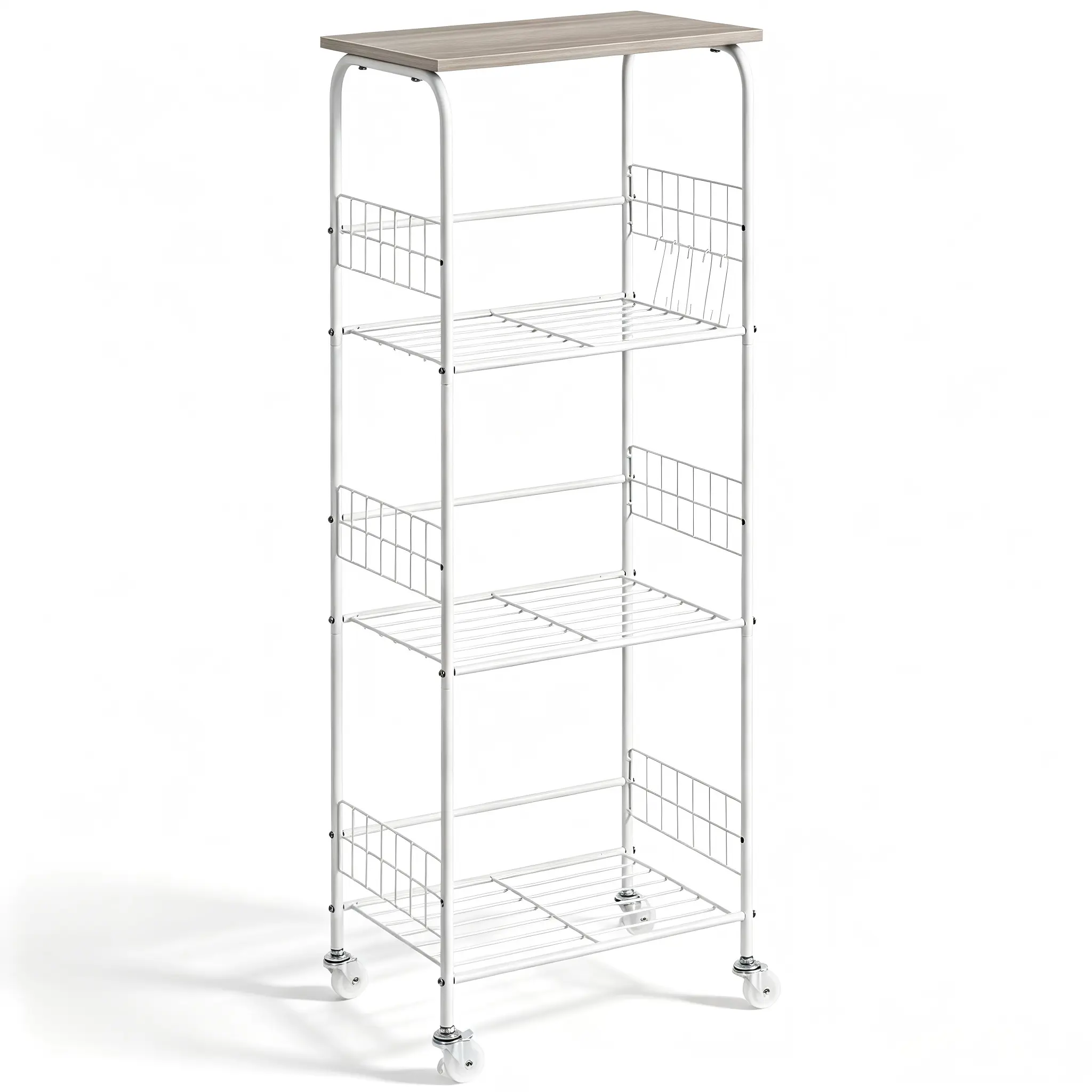 Lightweight 4-Layer Minimalist Slim Rolling Storage Cart - White Metal Wire Shelf, Lockable Smooth Wheels, MDF Top, Hanging Hooks, Adjustable Narrow Freestanding Organizer for Small Spaces, Decor, Fridge Organization, Dorm Room & Organization Ideas