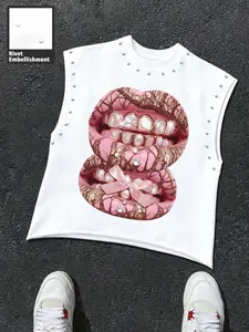 Men's Casual Sleeveless Round Neck Graphic Top, Rivet Bow Design, Loose Fit Streetwear Vest, Unisex Daily Wear Outdoor Fashion