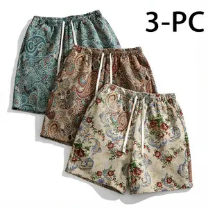 3 PC Men's Casual & Beach Vacation INS Classic Paisley pattern short Weave Texture Jacquard Shorts with Drawstring Waist & Pockets Perfect for Spring/Summer Unisex Track Shorts Tropical Menswear Fabric Boho Brown Knitted Natural Polyester