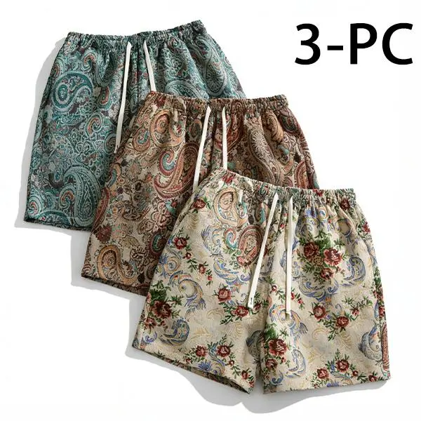 3 PC Men's Casual & Beach Vacation INS Classic Paisley pattern short Weave Texture Jacquard Shorts with Drawstring Waist & Pockets Perfect for Spring/Summer Unisex Track Shorts Tropical Menswear Fabric Boho Brown Knitted Natural Polyester Boho