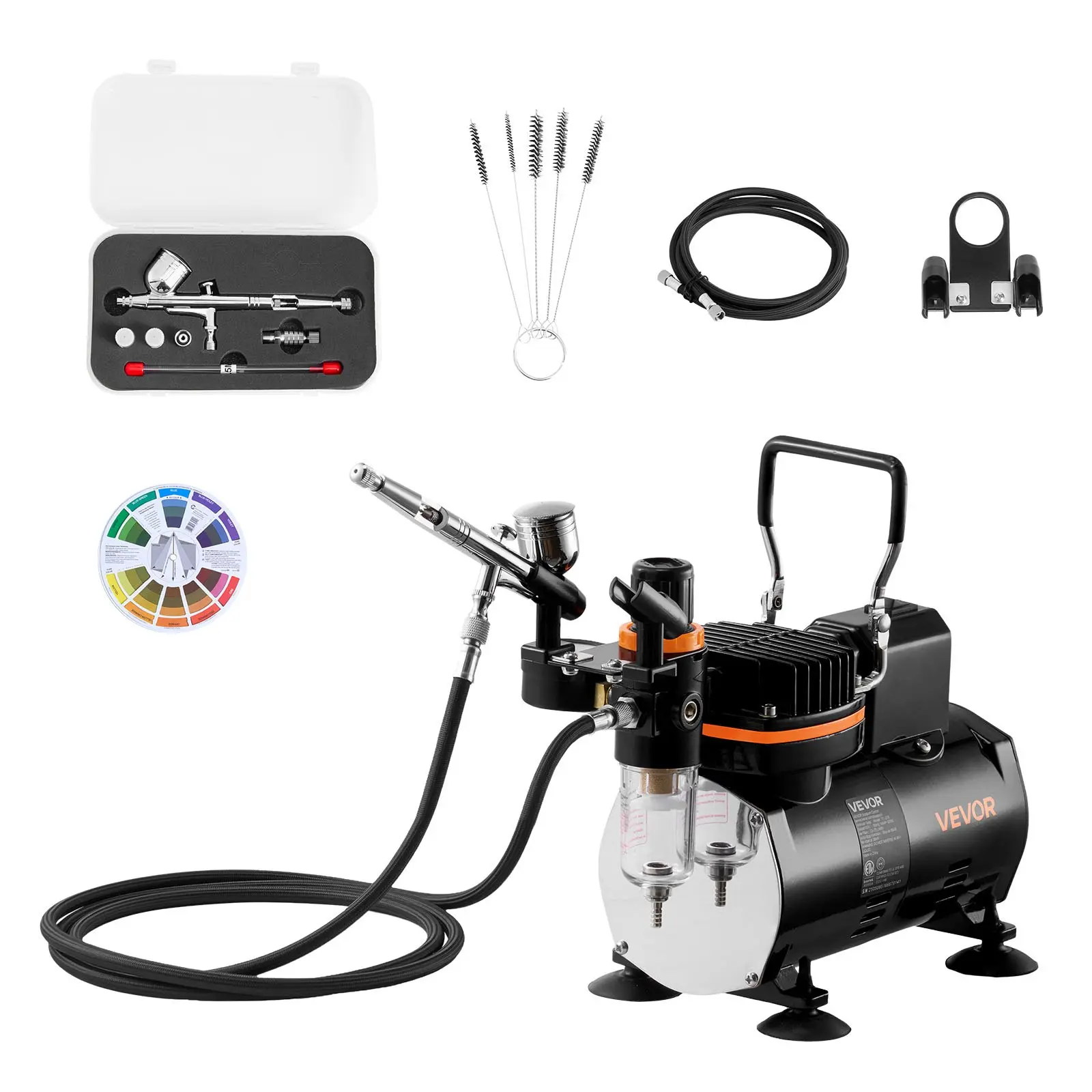 VEVOR Expert Airbrush Kit with 1/6 HP Low-Noise Air Compressor, 0.2 mm Tip, 0.3 mm Tip, Hose, Holder, Cleaning Set for Home, Cake, Car Detailing, Quick Cleaning, Precision Atomization Art & Hardware Projects
