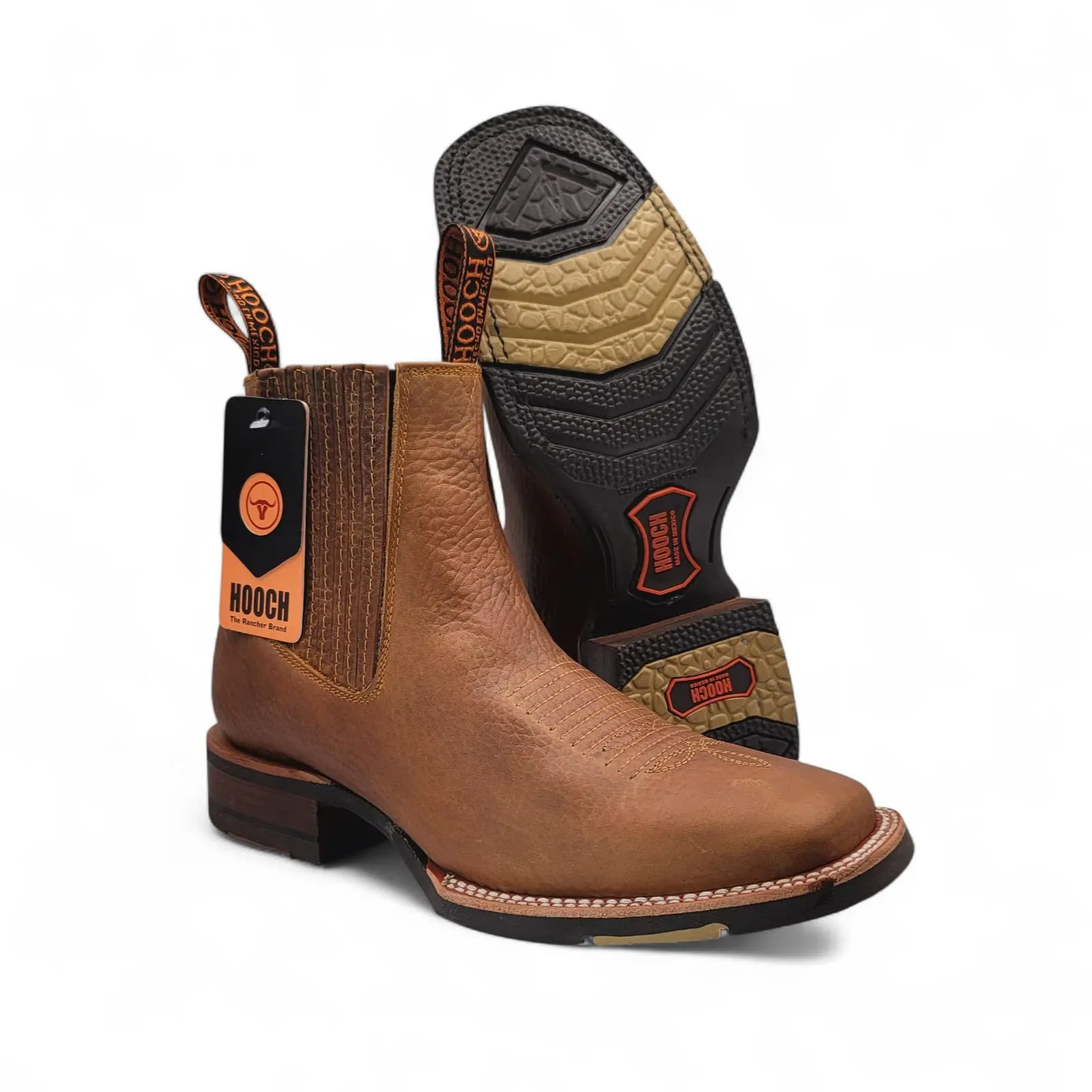 Men’s Handcrafted Square Toe Botin Tan – Leather Short Cowboy Boot with Lightweight Rubber Sole