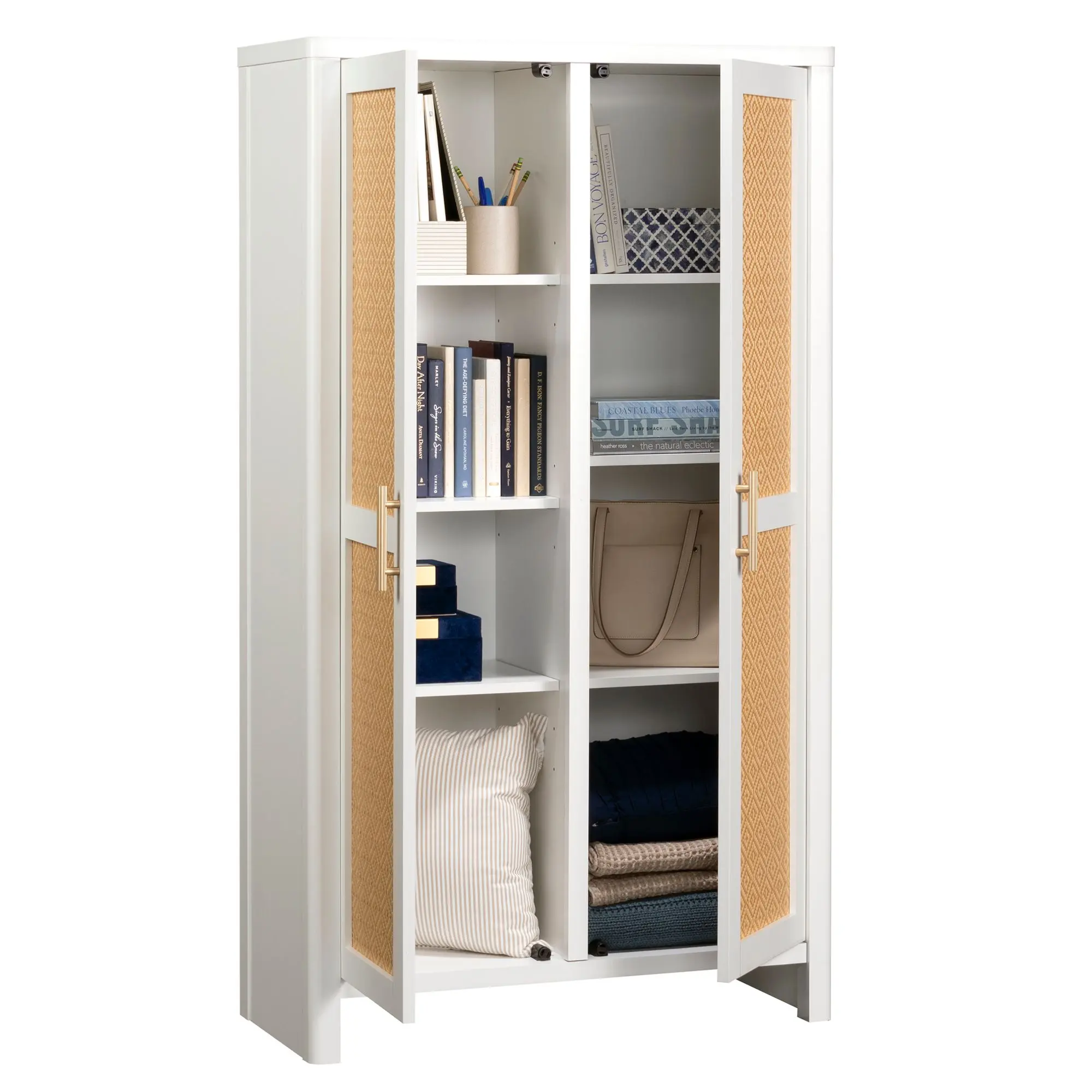 Sauder Isabella Isle Freestanding Modern Accent Wood Storage Cabinet, 6 Adjustable Shelves, Rattan Inserts, Hidden Storage Living Room Indoor Cupboard, Freestanding Cabinet, Modern Accent Cabinet