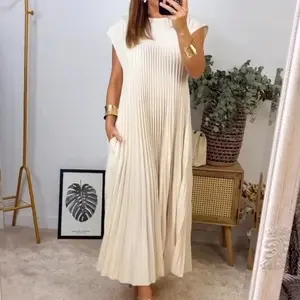 2025 Spring and Summer New Fashion round Neck Sleeveless Pleated Dress Women's Long Dress Casual Womenswear Maxi Modest