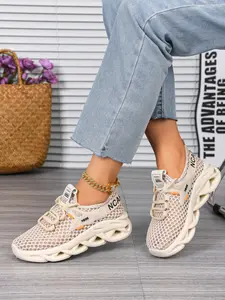 Women's Ultra-Breathable Mesh Lace-Up Sneakers - Lightweight Chunky Sole Casual Walking Shoes with Letter Print Accent for Daily Commute, Outdoor Walks and Streetwear