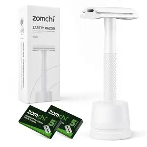 ZOMCHI Double Edge Safety Razor with Stand, Women Razor with 10 Double Edge Safety Razor Blades, Plastic Free Metal Razor – White