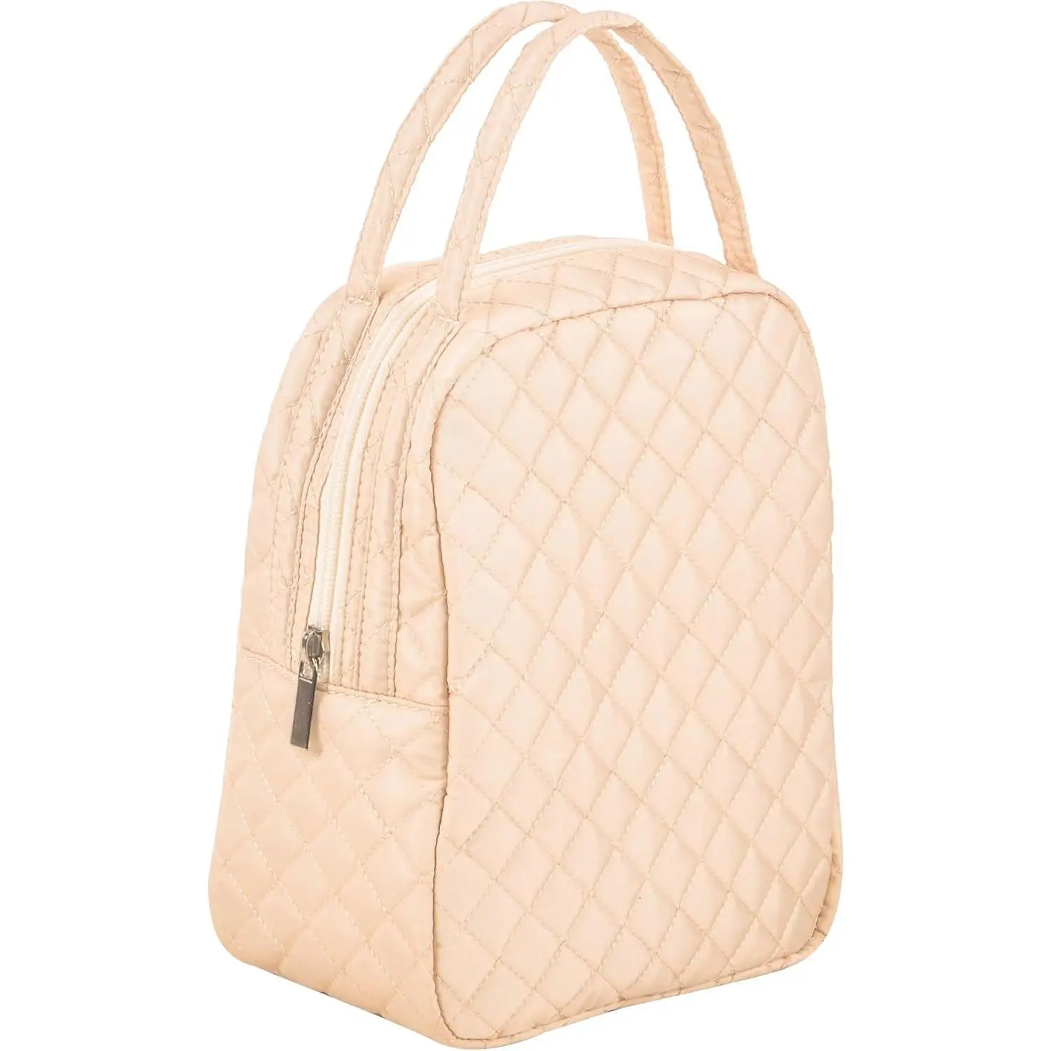 Machine Washable Women Quilted Fabric Insulated  Cooler Lunch Bag Tote Adult Thermal Lunch Box Storage Bag for ork (Beige)