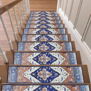 15pcs Non-Slip Stair Mats Set - Machine Washable, Oriental Design for Indoor Wooden Steps, 30x8 Inches - Ideal for Elderly & Dogs, Stair Pedal Set