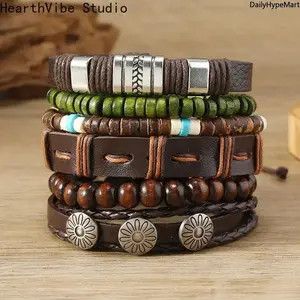 6Pcs Punk Beaded Leather Bracelet Set, Handmade Men Women Wrist Jewelry