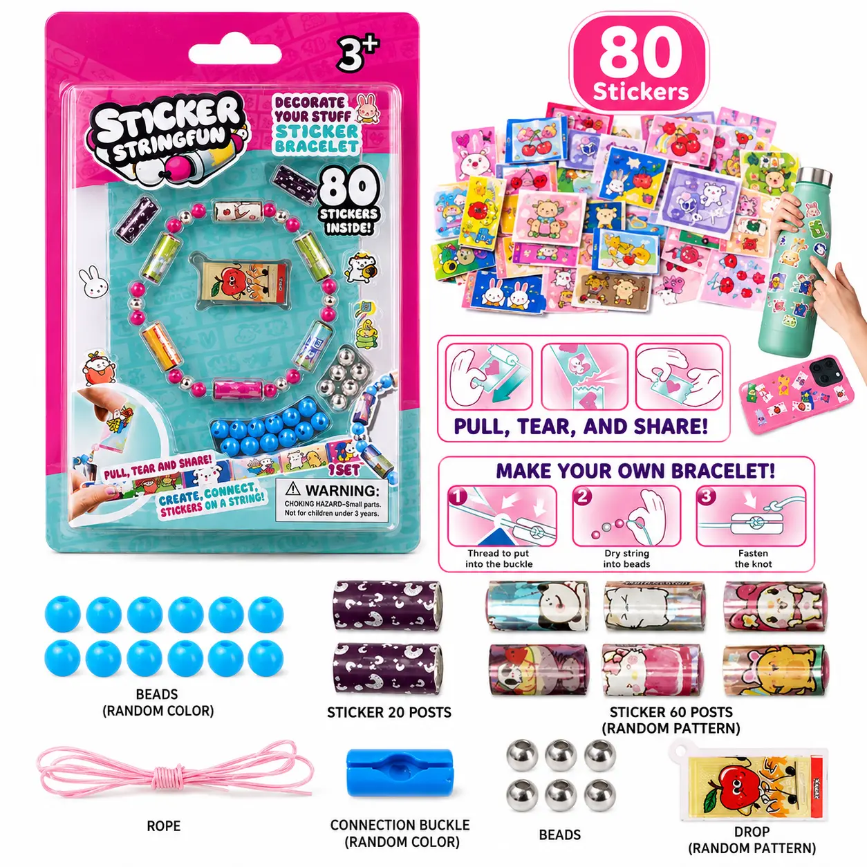 Handmade DIY Bracelet Crafts Kit for Girls - 80 Mini Customizable Decal Stickers, Beads, Sticker Book, Hair Tie, Hair Clip, DIY Accessories, Customizable Stickers Adhesive Cloth Tape