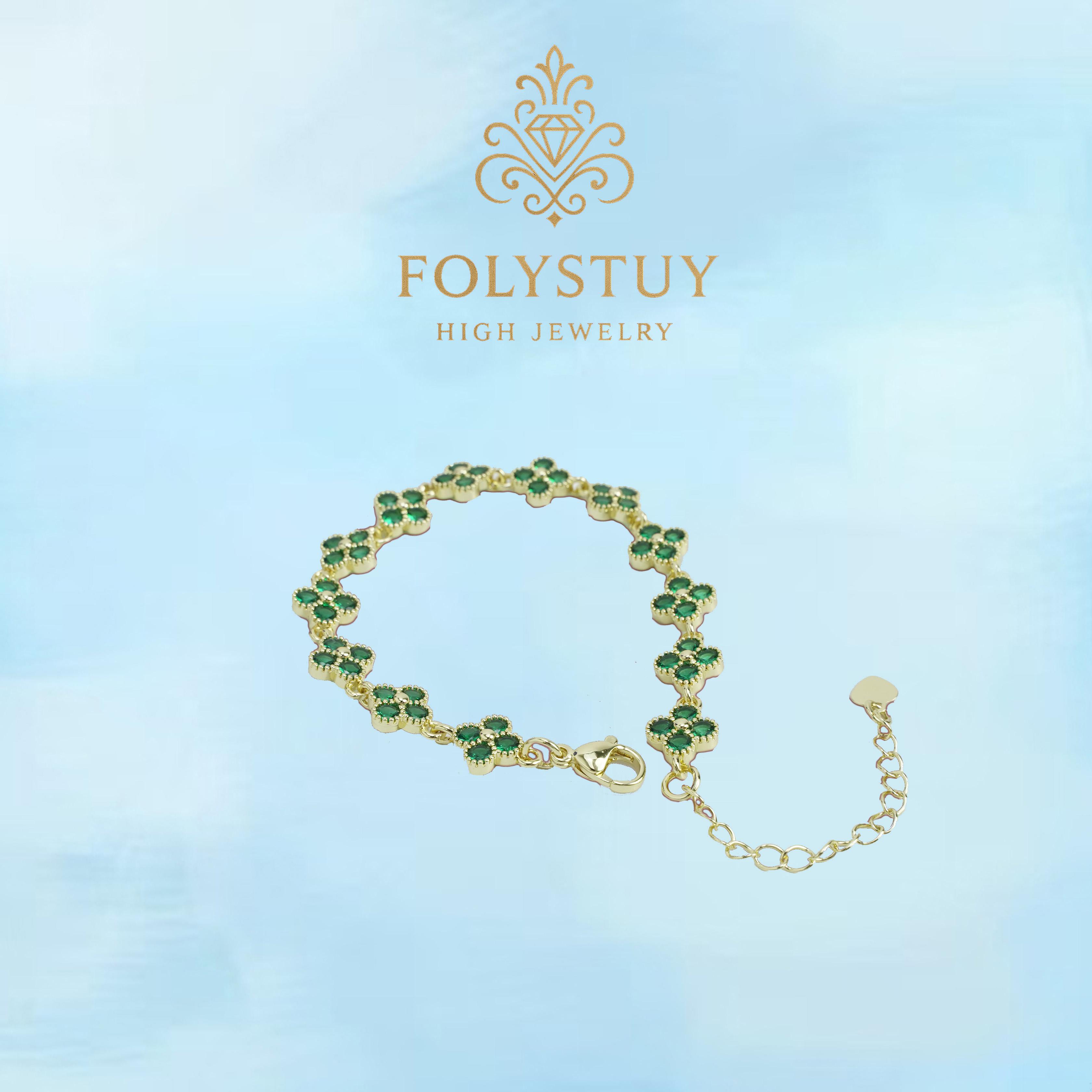[FOLYSTUY (W182)]Four Leaf Clover Chain Bracelet with Green Stone Accent, 0.35" Width 9.06" Length Adjustable Wrist Jewelry