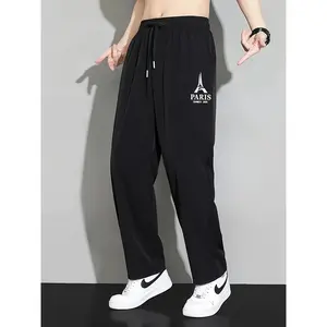 Men's Summer Cool Straight-Leg Pants with Paris Eiffel Tower Print - Fashionable Black Polyester, Casual Sports Style, Machine Washable, Leisure Activewear | Paris Theme Apparel | Cuffed Ankles