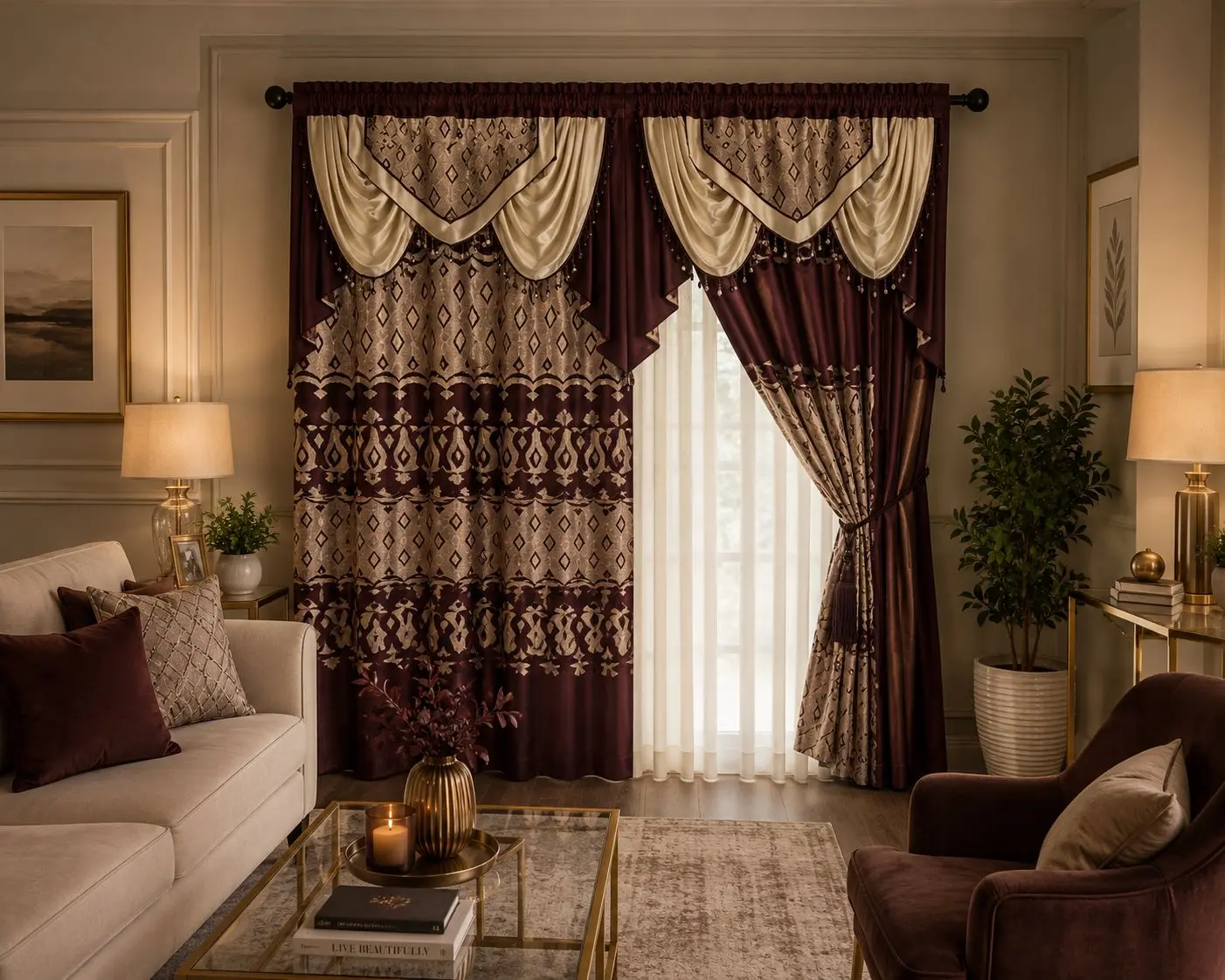 Luxury White Embroidered Window Curtain Set with Valance – 2 Panels, 53 x 84 in