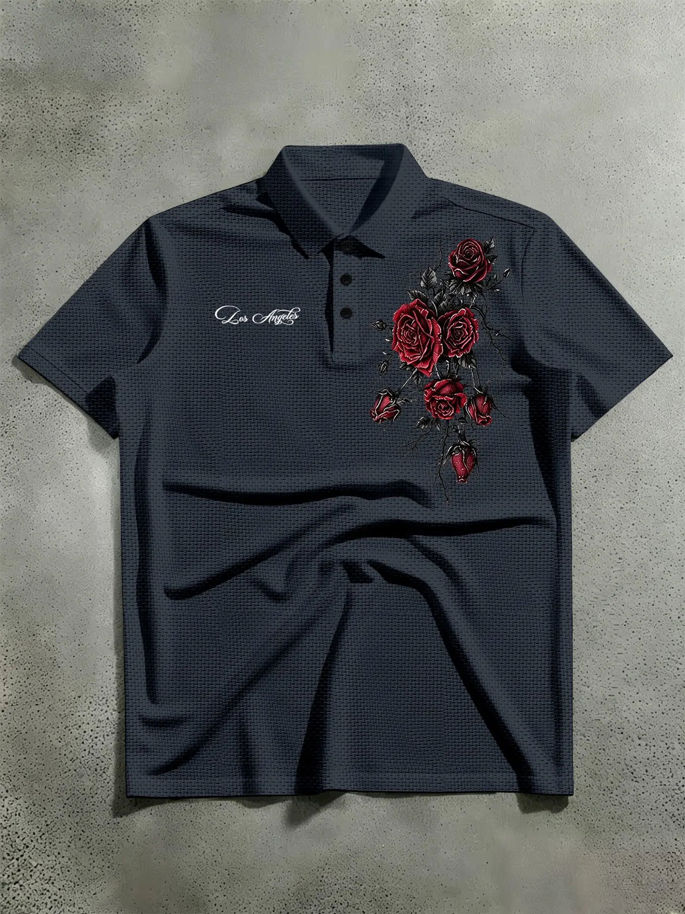 Men's Vintage Rose Print Casual Polo Shirt, Fitted Lightweight Short Sleeve Top, Elegant & Trendy Summer Wear, Must-Have for Stylish Men