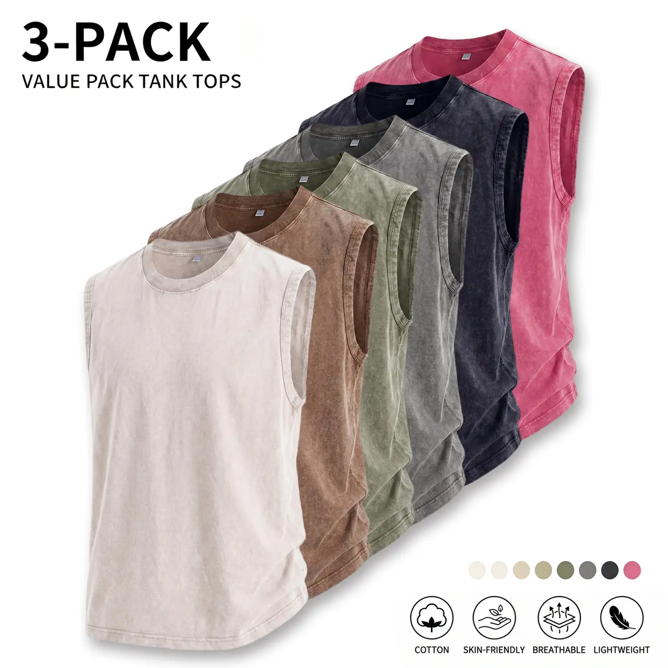 3-Pack Sand-Wash Distressed Pure Cotton Sleeveless Tank Tops, Curved Hem, Loose Athletic Casual Wide-Shoulder Vest Top