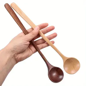 1pc Long Spoons Wooden Korean Style 10.9 inches Natural Wood Long Handle Round Spoons for Soup Cooking Mixing Stirr Kitchenware Cutlery Tableware
