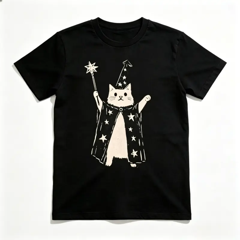 Wizard Cat with Star Wand Vintage S~5XL Oversize Unisex Washed T-Shirt for Women and Men's Unisex Fit Batik Cotton Oversize Streetwear Menswear Super Soft Pre-Shrunk Alternative Classic