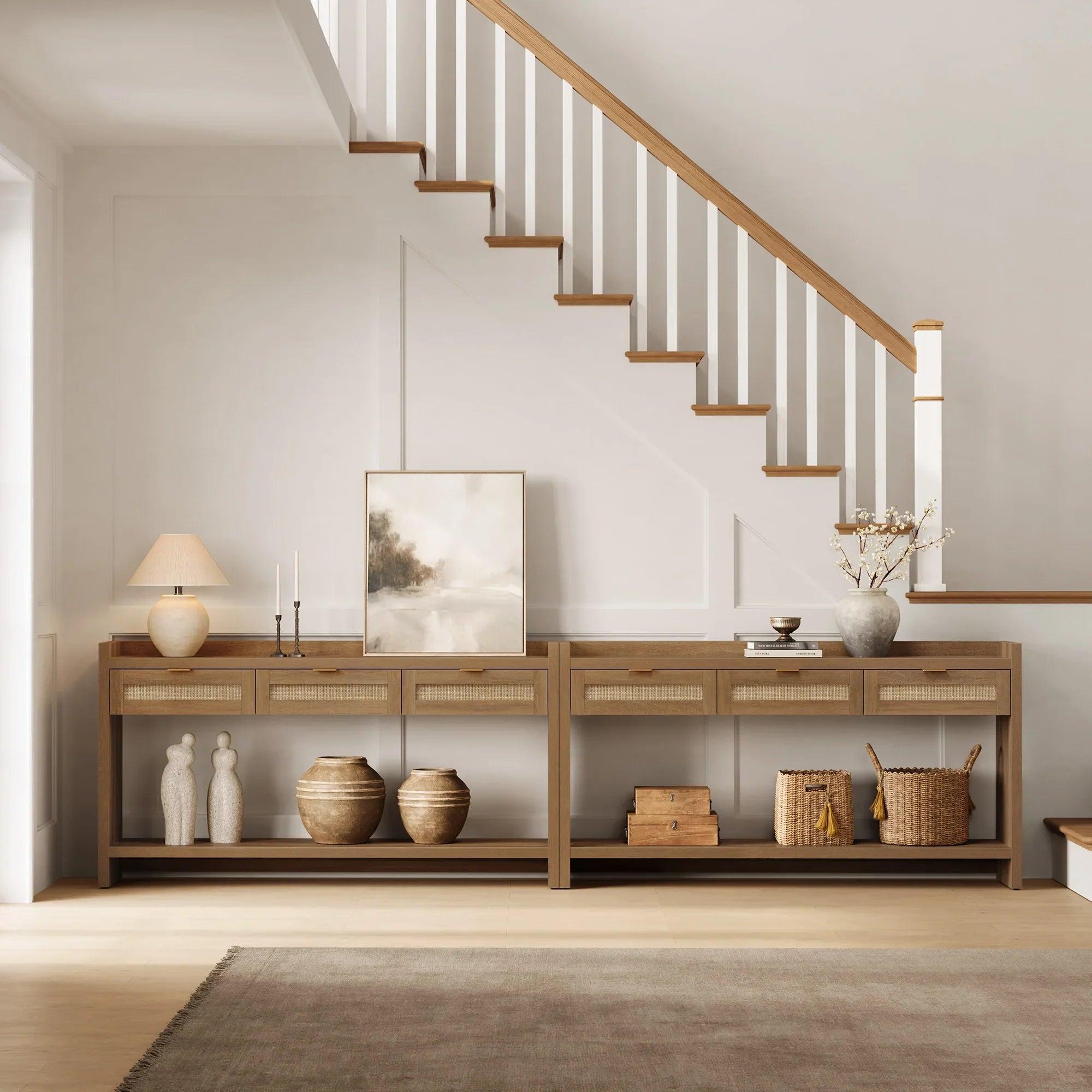SICOTAS 60" Rattan Console Table for Entryway - Farmhouse Entry Table Sofa Table with 3 Drawers, Narrow TV Console Table with Storage for Living Room, Hallway, Couch