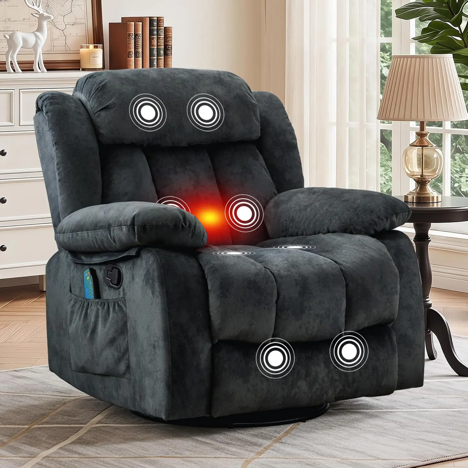 Ebello 35" Width Modern Microfiber Massage Recliner Chair - 360-Degree Swivel, Manual Rocker, Heat Therapy, Vibration, Stylish Grey Space-Saving Renter-Friendly Indoor Office Furniture for Small House Design Relaxing Use (350+ lb Capacity)