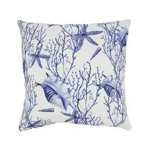 212 MAIN Coastal Outdoor Pillow - Sea-Inspired Beach Decor, Coastal Style, Seashell Accents, Coral Print Details, Outdoor Fabric, Polyfill Insert