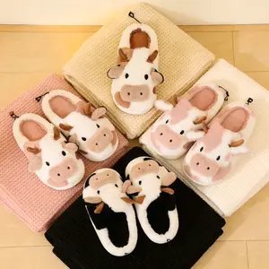 Cartoon Cow Anti-Slip Warm Home Slippers for Couples, Faux Rabbit Thick Sole