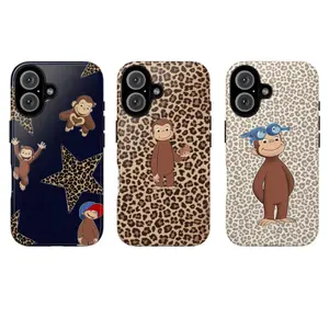 Cute Monkey Tough Phone Case Fun Cartoon Design with Leopard Print Background Gift for Fans Curious George Protective Cover for iPhone 11-17 Pro Max Shock-Resistant TPU Lining