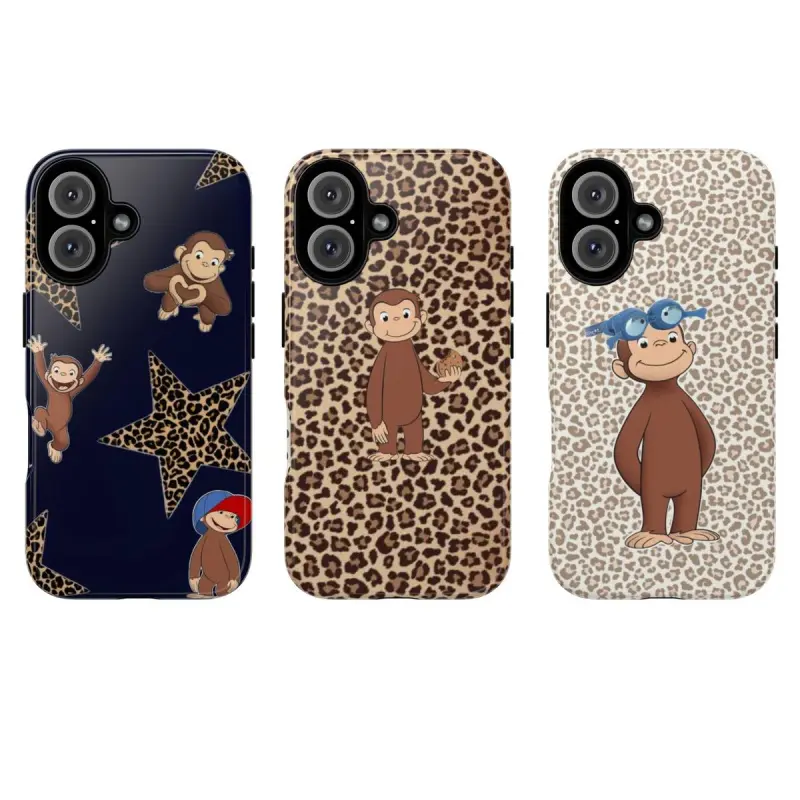 Curious George Cute Monkey Cartoon Phone Case with Leopard Print Background, Shock-Resistant TPU Lining Tough Casing for iPhone 11-17 Pro Max, Smartphone-Cellphone Devices Accessory Gift for Fans