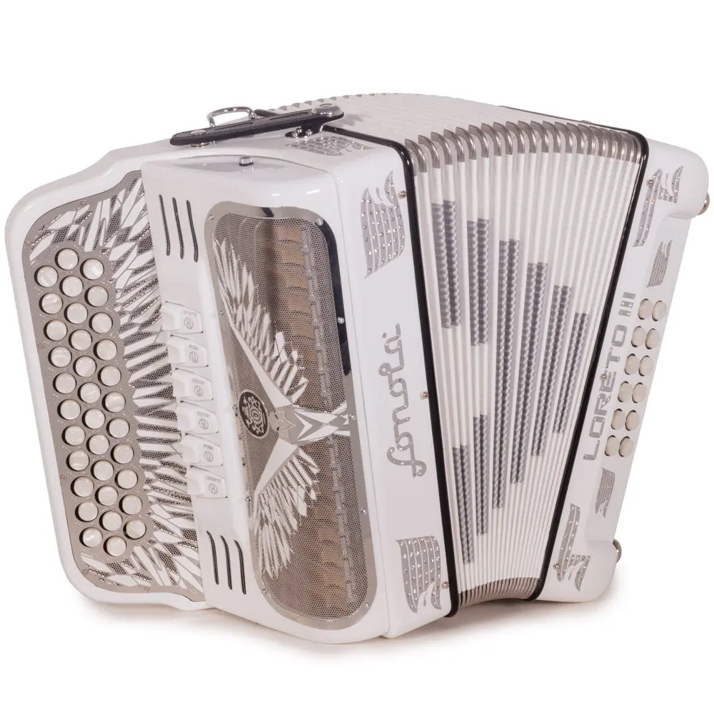 Sonola Loreto III Accordion 6 Switch FBE-GCF Glossy White with Silver Designs with Harmonik Installed