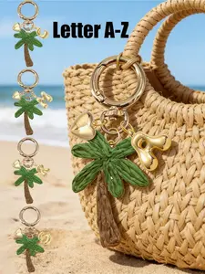 Handmade Woven Coconut Tree Keychain, With Gold Bubble Letter A-Z, Vacation Style Raffia Woven Coconut Tree, Car Accessories, Soft Coconut Tree Keychain Bohemian Decor, Handbag Pendant, Elegant Car Decor, Backpack Pendant, Keychain Charm