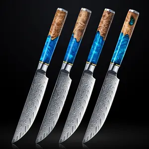 Japanese Damascus Steel Steak Knife Set with Beautiful Blue Resin & Natural Wood Handle - Ultra Sharp Japanese VG-10 67-Layer Damascus Steel