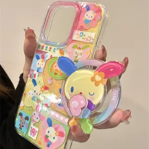 Magnetic color splicing color ear rabbit phone case with rotating magnetic bracket for iPhone 11 12 13 14 15 16 17 pro max